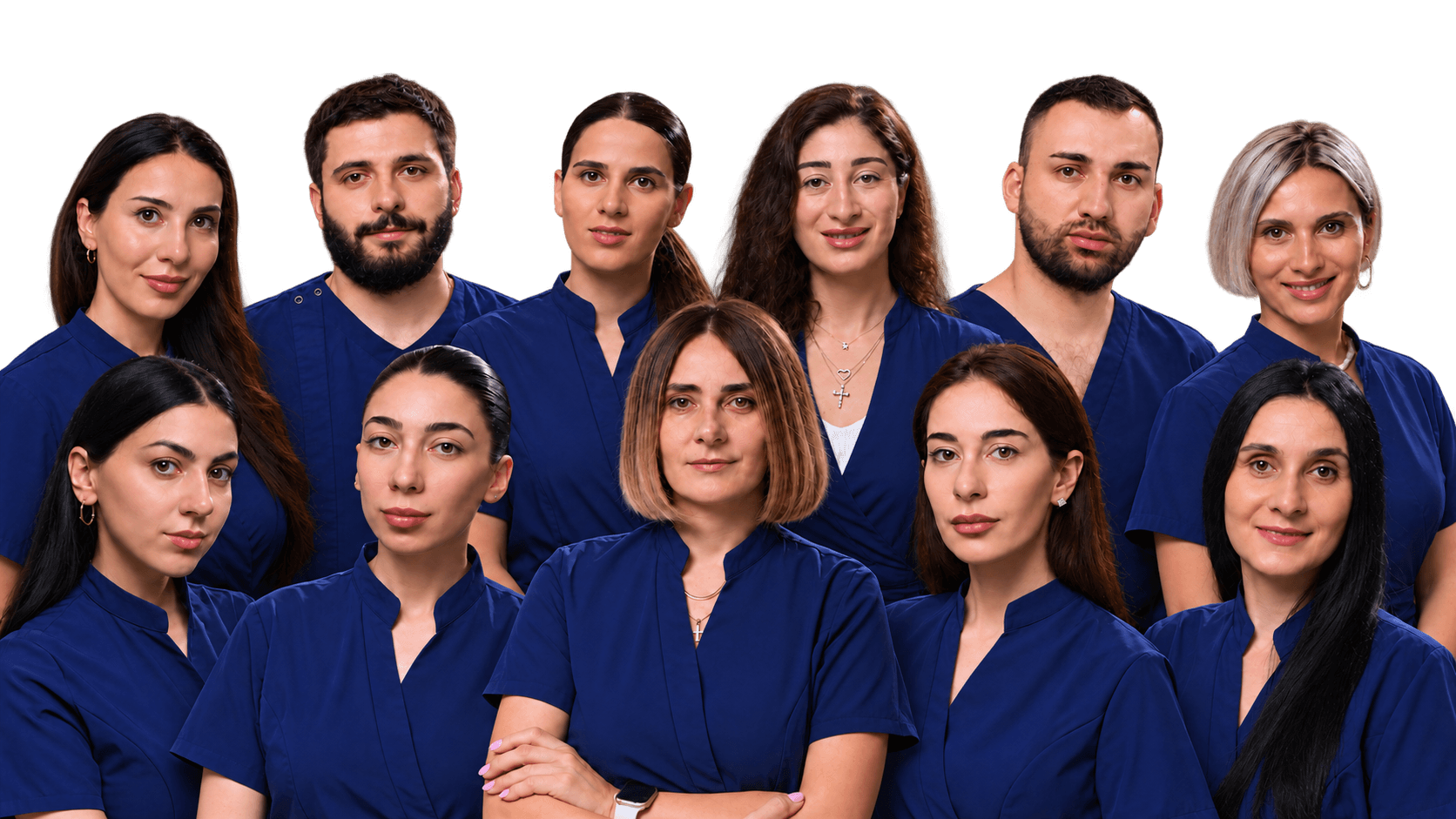 Dentor team photomontage: 11 clinicians with Ia Osadze in the centre